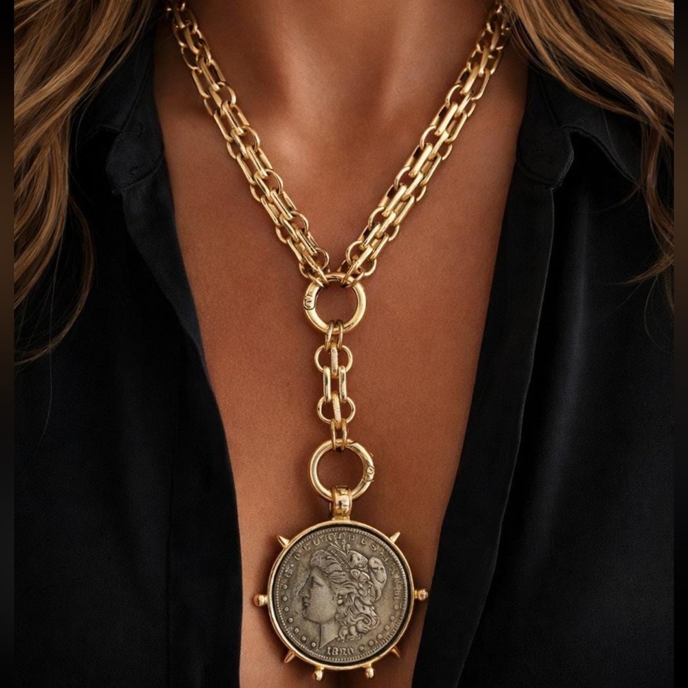 Vintage Gold 1880 Coin Statement Necklace Y Lariat - Picture 2 of 7